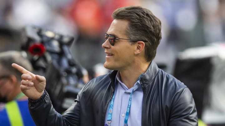 Feb 13, 2022; Inglewood, CA, USA; NFL Network host Kyle Brandt during the Cincinnati Bengals game against the Los Angeles Rams in Super Bowl LVI at SoFi Stadium. Mandatory Credit: Mark J. Rebilas-USA TODAY Sports