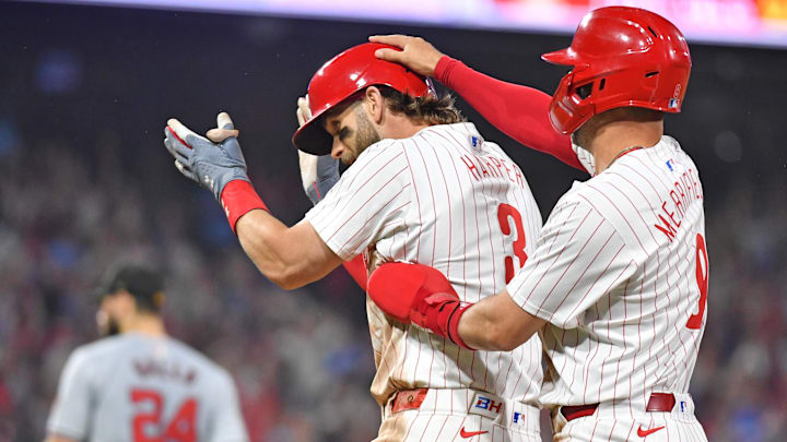 May 18, 2024; Philadelphia, Pennsylvania, USA;  Philadelphia Phillies first base Bryce Harper (3)