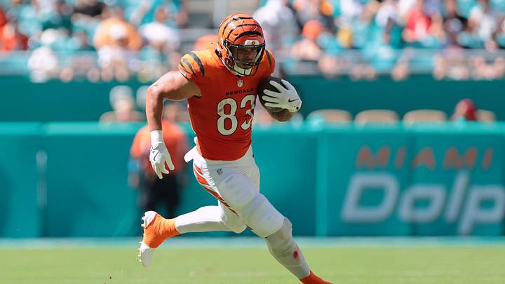 Oct 11, 2026; Miami Gardens, Florida, USA;  Cincinnati Bengals tight end Erick All Jr. (83) runs with the ball against the Cincinnati BengalsM\ during the second quarter at Hard Rock Stadium.  Mandatory Credit: Sam Navarro-Imagn Images