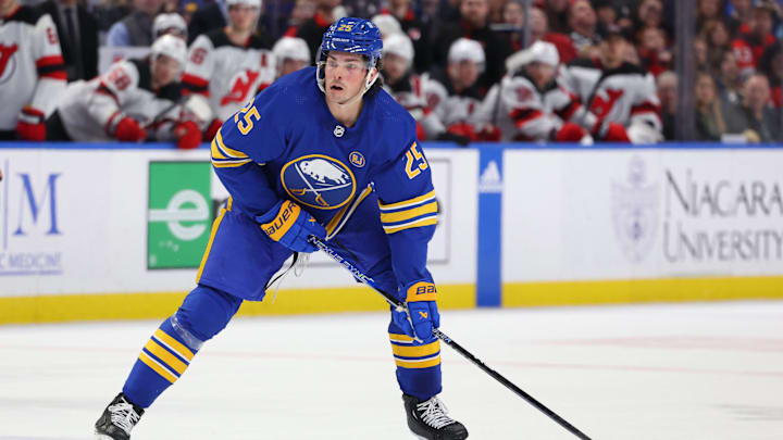 Mar 29, 2024; Buffalo, New York, USA;  Buffalo Sabres defenseman Owen Power (25) looks to make a
