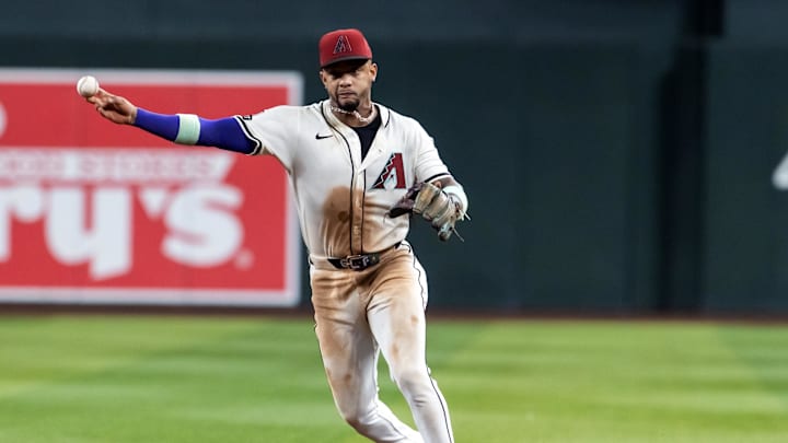 Sep 23, 2025; Phoenix, Arizona, USA; Arizona Diamondbacks second baseman Ketel Marte against the Los Angeles Dodgers at Chase Field. Mandatory Credit: Mark J. Rebilas-Imagn Images
