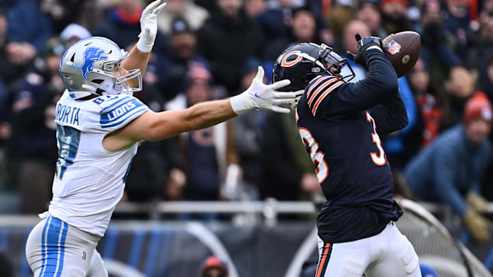 Jaylon Johnson steps in front of Detroit tight end Sam LaPorta for the interception in a 28-13 Bears win last season. Jaylon Johnson steps in front of Detroit tight end Sam LaPorta for the interception in a 28-13 Bears win last season.
