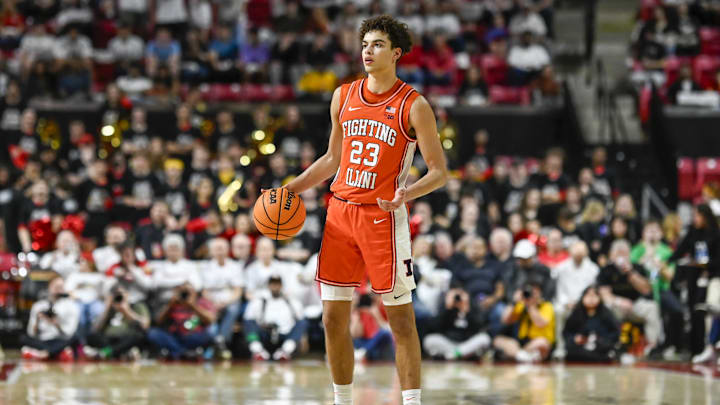 Mar 8, 2026; College Park, Maryland, USA;  ]Illinois Fighting Illini guard Keaton Wagler (23) looks to pass during the first half against the Maryland Terrapins at Xfinity Center. Mandatory Credit: Tommy Gilligan-Imagn Images