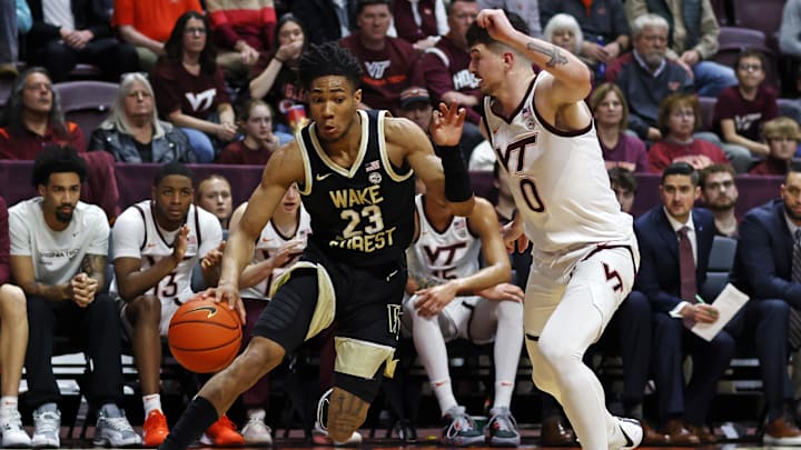 Mar 2, 2024; Blacksburg, Virginia, USA; Wake Forest Demon Deacons guard Hunter Sallis (23) drives