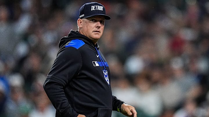 Detroit Tigers manager A.J. Hinch (14) walks off the field after a pitching change during the fifth inning against the Chicago White Sox at Comerica Park in Detroit on Friday, September 5, 2025.