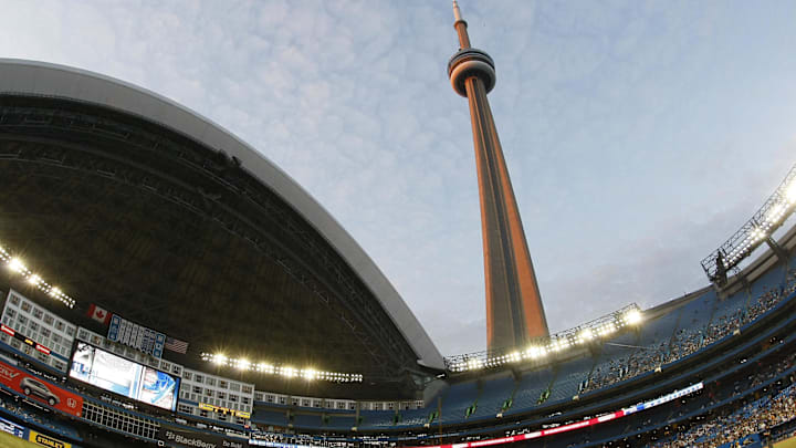 May 30, 2012; Toronto, ON, CANADA; A wide angle view of the Rogers Centre and CN Tower during a game between the Baltimore Orioles and Toronto Blue Jays. May 30, 2012; Toronto, ON, CANADA; A wide angle view of the Rogers Centre and CN Tower during a game between the Baltimore Orioles and Toronto Blue Jays.
