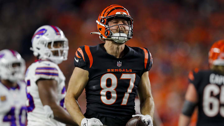 Nov 5, 2023; Cincinnati, Ohio, USA; Cincinnati Bengals tight end Tanner Hudson (87) reacts after a