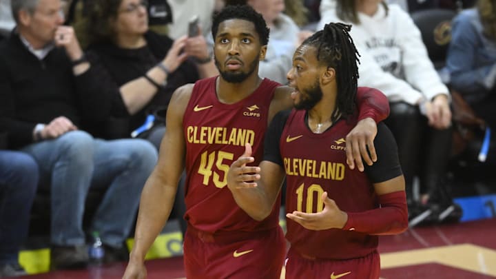 Apr 12, 2024; Cleveland, Ohio, USA; Cleveland Cavaliers guard Donovan Mitchell (45) and guard Darius Apr 12, 2024; Cleveland, Ohio, USA; Cleveland Cavaliers guard Donovan Mitchell (45) and guard Darius