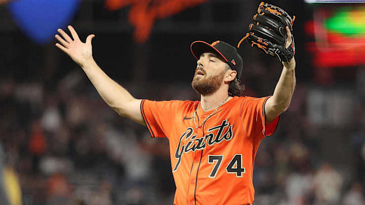 San Francisco Giants relief pitcher Ryan Walker (74) reacts after the game against the Colorado Rockies at Oracle Park. 