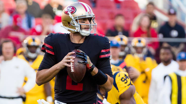 Sep 21, 2017; Santa Clara, CA, USA; San Francisco 49ers quarterback Brian Hoyer (2) looks for a receiver during the first quarter against the Los Angeles Rams at Levi's Stadium. Mandatory Credit: Kelley L Cox-Imagn Images Sep 21, 2017; Santa Clara, CA, USA; San Francisco 49ers quarterback Brian Hoyer (2) looks for a receiver during the first quarter against the Los Angeles Rams at Levi's Stadium. Mandatory Credit: Kelley L Cox-Imagn Images