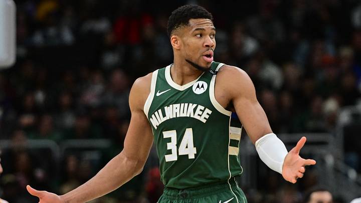 Milwaukee Bucks forward Giannis Antetokounmpo (34) reacts (Mandatory Credit: Benny Sieu-Imagn Images)