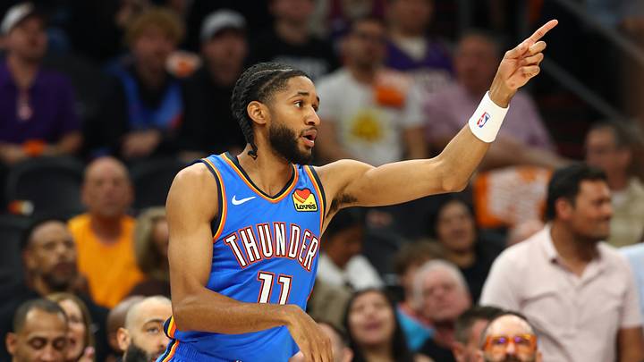Apr 27, 2026; Phoenix, Arizona, USA; Oklahoma City Thunder guard Isaiah Joe (11) celebrates a shot against the Phoenix Suns in the first half during game four of the first round of the 2026 NBA Playoffs at Mortgage Matchup Center. Mandatory Credit: Mark J. Rebilas-Imagn Images Apr 27, 2026; Phoenix, Arizona, USA; Oklahoma City Thunder guard Isaiah Joe (11) celebrates a shot against the Phoenix Suns in the first half during game four of the first round of the 2026 NBA Playoffs at Mortgage Matchup Center. Mandatory Credit: Mark J. Rebilas-Imagn Images