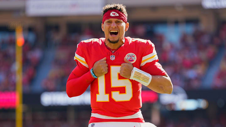 Oct 19, 2025; Kansas City, Missouri, USA; Kansas City Chiefs quarterback Patrick Mahomes (15) reacts prior to the game against the Las Vegas Raiders at GEHA Field at Arrowhead Stadium. Mandatory Credit: Jay Biggerstaff-Imagn Images Oct 19, 2025; Kansas City, Missouri, USA; Kansas City Chiefs quarterback Patrick Mahomes (15) reacts prior to the game against the Las Vegas Raiders at GEHA Field at Arrowhead Stadium. Mandatory Credit: Jay Biggerstaff-Imagn Images