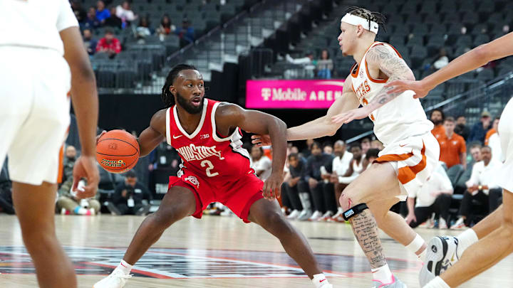 Nov 4, 2024; Las Vegas, Nevada, USA; Ohio State Buckeyes guard Bruce Thornton (2) dribbles against Ohio State Buckeyes guard Bruce Thornton (2) during the second half at T-Mobile Arena. Mandatory Credit: Stephen R. Sylvanie-Imagn Images