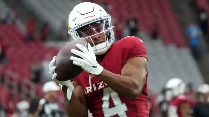 Arizona Cardinals receiver Rondale Moore (4) warms up before their game against the Atlanta Falcons at State Farm Stadium on Nov. 12, 2023, in Glendale.