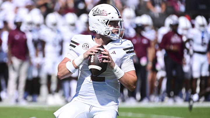 Sep 21, 2024; Starkville, Mississippi, USA;  Mississippi State Bulldogs quarterback Blake Shapen (2) drops back to pass against the Florida Gators during the first quarter at Davis Wade Stadium at Scott Field. Mandatory Credit: Matt Bush-Imagn Images