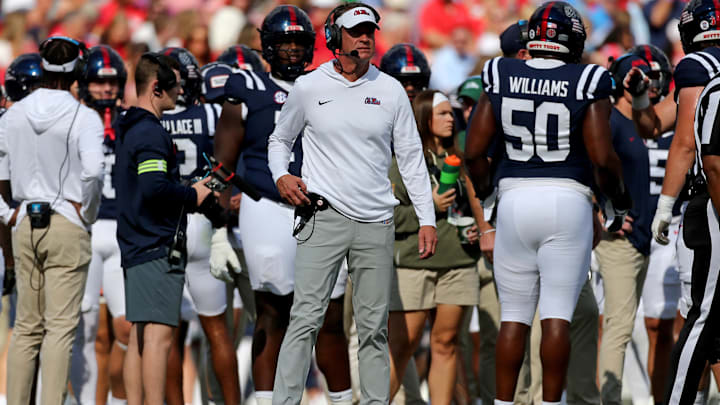 Nov 8, 2025; Oxford, Mississippi, USA; Mississippi Rebels head coach Lane Kiffin looks on during a time out during the first quarter against The Citadel Bulldogs at Vaught-Hemingway Stadium. Mandatory Credit: Petre Thomas-Imagn Images