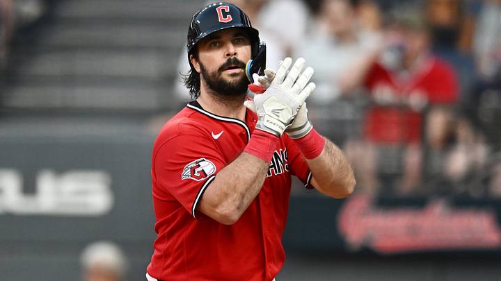 Jul 21, 2026: Cleveland Guardians catcher Austin Hedges (27) celebrates after hitting a sacrifice fly during the sixth inning against the Minnesota Twins at Progressive Field. Credit: Ken Blaze-Imagn Images