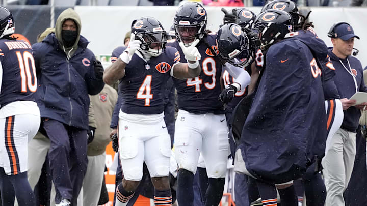 D'Andre Swift celebrates a first down against the Giants in Sunday's Bears win.