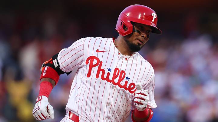 Aug 5, 2026; Philadelphia, Pennsylvania, USA; Philadelphia Phillies second baseman Luis Arraez (4) runs the bases on a home run during the second inning against the Washington Nationals at Citizens Bank Park. Mandatory Credit: Bill Streicher-Imagn Images Aug 5, 2026; Philadelphia, Pennsylvania, USA; Philadelphia Phillies second baseman Luis Arraez (4) runs the bases on a home run during the second inning against the Washington Nationals at Citizens Bank Park. Mandatory Credit: Bill Streicher-Imagn Images