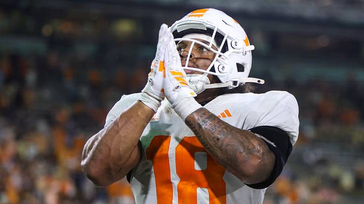 Sep 12, 2026; Atlanta, Georgia, USA; Tennessee Volunteers running back DeSean Bishop (18) celebrates after a touchdown run against the Georgia Tech Yellow Jackets in the fourth quarter at Bobby Dodd Stadium at Hyundai Field. Mandatory Credit: Brett Davis-Imagn Images
