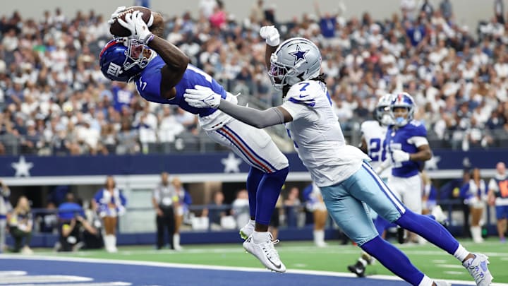New York Giants wide receiver Malik Nabers makes a catch for a touchdown against Dallas Cowboys.