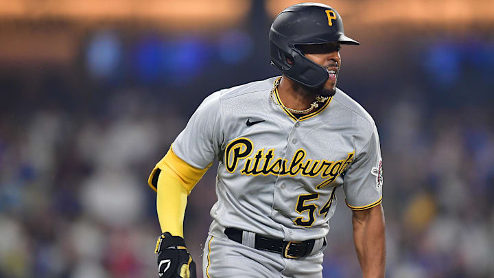 July 4, 2023; Los Angeles, California, USA; Pittsburgh Pirates right fielder Josh Palacios (54) runs
