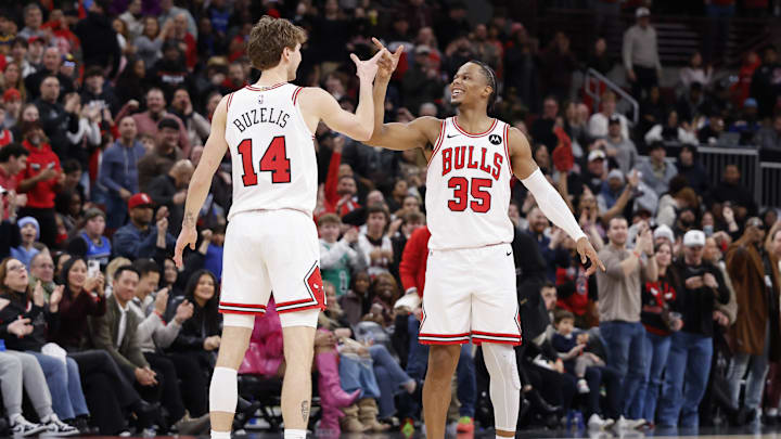 Jan 2, 2026; Chicago, Illinois, USA; Chicago Bulls forward Matas Buzelis (14) celebrates with forward Isaac Okoro (35) after defeating the Orlando Magic in a NBA game at United Center. Mandatory Credit: Kamil Krzaczynski-Imagn Images Jan 2, 2026; Chicago, Illinois, USA; Chicago Bulls forward Matas Buzelis (14) celebrates with forward Isaac Okoro (35) after defeating the Orlando Magic in a NBA game at United Center. Mandatory Credit: Kamil Krzaczynski-Imagn Images