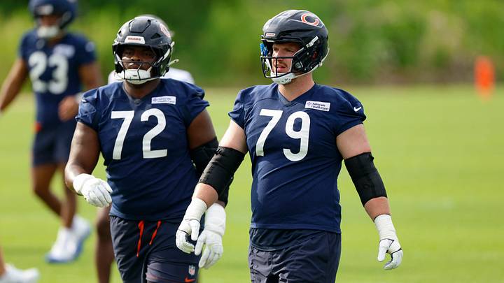Jul 31, 2026; Lake Forest, IL, USA; Chicago Bears offensive tackle Kiran Amegadjie (72) and offensive tackle Theo Benedet (79) walk on the field during Training Camp at Halas Hall. Mandatory Credit: Kamil Krzaczynski-Imagn Images Jul 31, 2026; Lake Forest, IL, USA; Chicago Bears offensive tackle Kiran Amegadjie (72) and offensive tackle Theo Benedet (79) walk on the field during Training Camp at Halas Hall. Mandatory Credit: Kamil Krzaczynski-Imagn Images