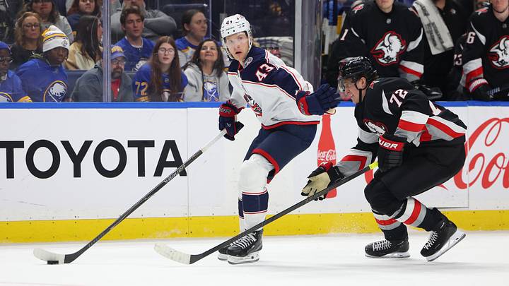 Apr 9, 2026; Buffalo, New York, USA; Columbus Blue Jackets left wing Danton Heinen (43) skates with the puck as Buffalo Sabres center Tage Thompson (72) tries to defend during the first period at KeyBank Center. Mandatory Credit: Timothy T. Ludwig-Imagn Images Apr 9, 2026; Buffalo, New York, USA; Columbus Blue Jackets left wing Danton Heinen (43) skates with the puck as Buffalo Sabres center Tage Thompson (72) tries to defend during the first period at KeyBank Center. Mandatory Credit: Timothy T. Ludwig-Imagn Images