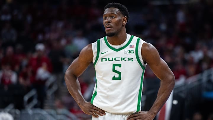 Mar 13, 2025; Indianapolis, IN, USA; Oregon Ducks guard TJ Bamba (5) in the second half against the Indiana Hoosiers at Gainbridge Fieldhouse. Mandatory Credit: Trevor Ruszkowski-Imagn Images