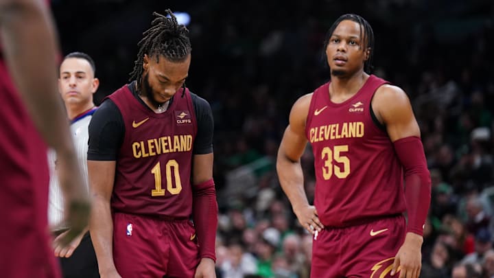 Dec 12, 2023; Boston, Massachusetts, USA; Cleveland Cavaliers guard Darius Garland (10) and forward Isaac Okoro (35) react after a call as they take on the Boston Celtics in the second half at TD Garden. Mandatory Credit: David Butler II-Imagn Images