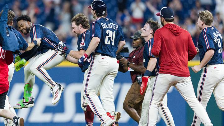 Jul 3, 2026: Cleveland Guardians center fielder Kahlil Watson (31) celebrates with teammates after hitting the game-winning RBI single against the Chicago White Sox during the tenth inning at Progressive Field. Credit: Scott Galvin-Imagn Images