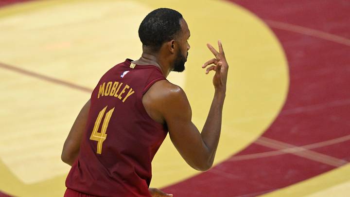 Oct 28, 2026; Cleveland, Ohio, USA;  Cleveland Cavaliers forward Evan Mobley (4) celebrates his three-point basket in the fourth quarter against the Washington Wizards at Rocket Arena.  Mandatory Credit: David Richard-Imagn Images