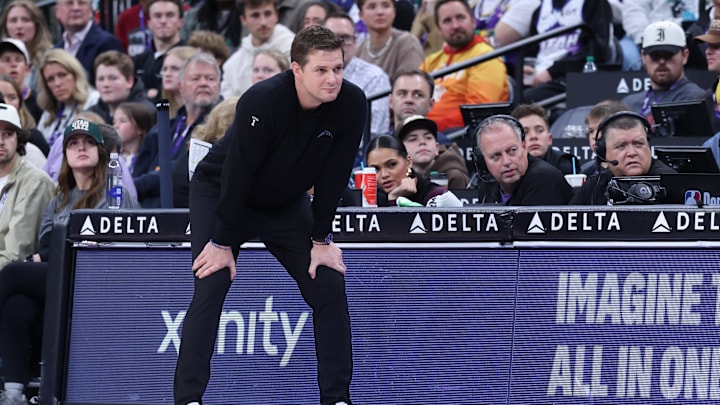 Dec 26, 2025; Salt Lake City, Utah, USA; Utah Jazz head coach Will Hardy watches play against the Detroit Pistons during the first half at Delta Center. Mandatory Credit: Rob Gray-Imagn Images