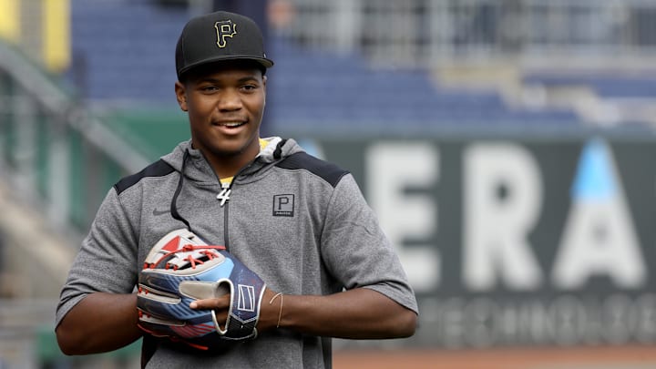 Pittsburgh Pirates first-round pick Termarr Johnson and fourth overall player drafted in the 2022 MLB Draft on the field before the Pirates host the Philadelphia Phillies at PNC Park. 