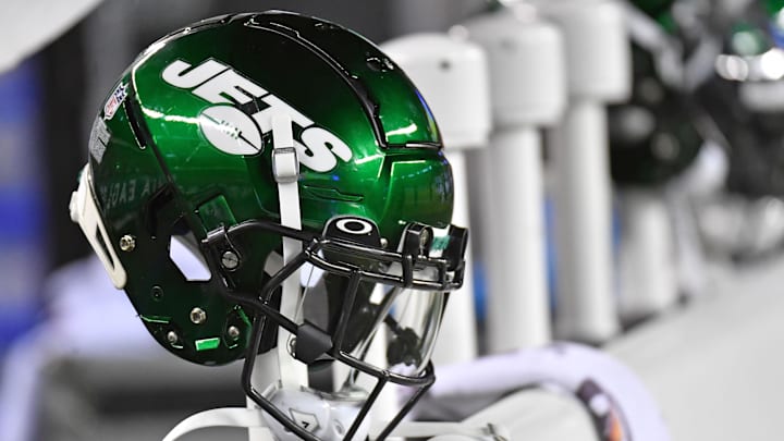 Aug 12, 2022; Philadelphia, Pennsylvania, USA; New York Jets helmet on the sidelines against the Philadelphia Eagles at Lincoln Financial Field. Mandatory Credit: Eric Hartline-Imagn Images