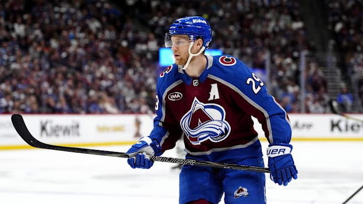 May 1, 2025; Denver, Colorado, USA; Colorado Avalanche center Nathan MacKinnon (29) during the first period against the Dallas Stars in game six of the first round of the 2025 Stanley Cup Playoffs at Ball Arena. Mandatory Credit: Ron Chenoy-Imagn Images May 1, 2025; Denver, Colorado, USA; Colorado Avalanche center Nathan MacKinnon (29) during the first period against the Dallas Stars in game six of the first round of the 2025 Stanley Cup Playoffs at Ball Arena. Mandatory Credit: Ron Chenoy-Imagn Images