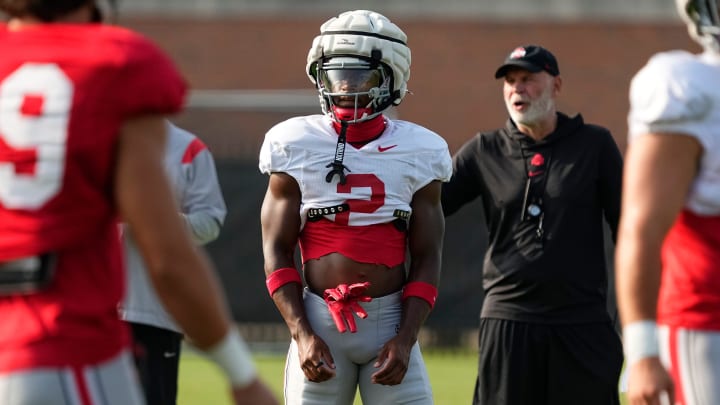 Aug 8, 2024; Columbus, Ohio, USA; Ohio State Buckeyes safety Caleb Downs (2) lines up during football practice at the Woody Hayes Athletic Complex. Aug 8, 2024; Columbus, Ohio, USA; Ohio State Buckeyes safety Caleb Downs (2) lines up during football practice at the Woody Hayes Athletic Complex.