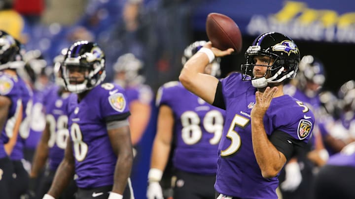The Baltimore Ravens         Lamar Jackson (8) looked on as teammate Joe Flacco (5) warmed up before their preseason game against the Indianapolis Colts at Lucas Oil Stadium in Indianapolis.
Aug. 20, 2018

Lamarcolts18 Sam

The Baltimore RavensaTM Lamar Jackson (8) looked on as teammate Joe Flacco (5) warmed up before their preseason game against the Indianapolis Colts at Lucas Oil Stadium in Indianapolis.
Aug. 20, 2018