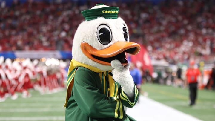Jan 9, 2026; Atlanta, GA, USA; The Oregon Ducks mascot reacts after the first half of the 2025 Peach Bowl and semifinal game of the College Football Playoff against the Indiana Hoosiers at Mercedes-Benz Stadium. Mandatory Credit: Brett Davis-Imagn Images