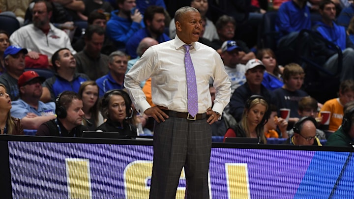 Mar 8, 2017; Nashville, TN, USA; LSU Tigers head coach Johnny Jones during the second half against the Mississippi State Bulldogs during the SEC Conference Tournament at Bridgestone Arena. Mississippi State won 79-52. Mandatory Credit: Christopher Hanewinckel-Imagn Images
