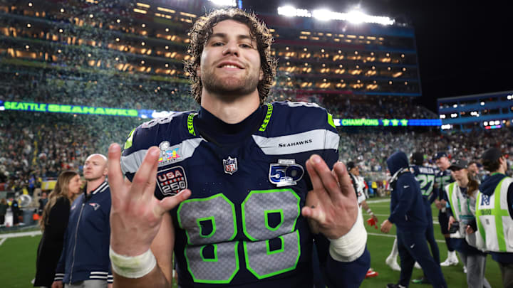 Feb 8, 2026; Santa Clara, CA, USA; Seattle Seahawks tight end AJ Barner (88) reacts after defeating the New England Patriots in Super Bowl LX at Levi's Stadium. Mandatory Credit: Mark J. Rebilas-Imagn Images