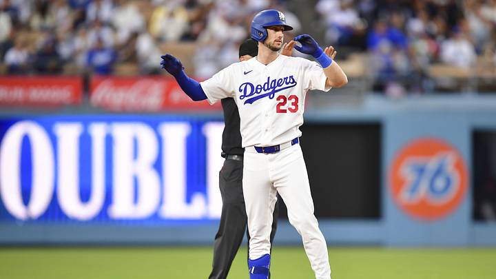 May 13, 2026; Los Angeles, California, USA; Los Angeles Dodgers right fielder Kyle Tucker (23) celebrates after hitting a double in the second inning against the San Francisco Giants at Dodger Stadium. Mandatory Credit: Gary A. Vasquez-Imagn Images