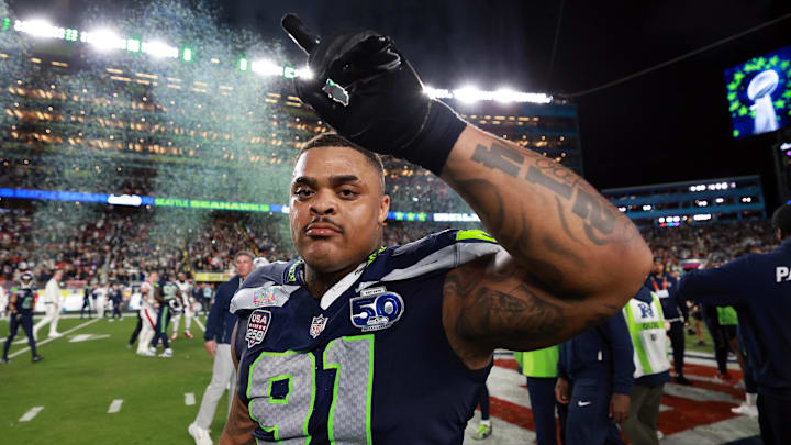 Feb 8, 2026; Santa Clara, CA, USA; Seattle Seahawks defensive tackle Byron Murphy II (91) celebrates after defeating the New England Patriots in Super Bowl LX at Levi's Stadium. Mandatory Credit: Mark J. Rebilas-Imagn Images