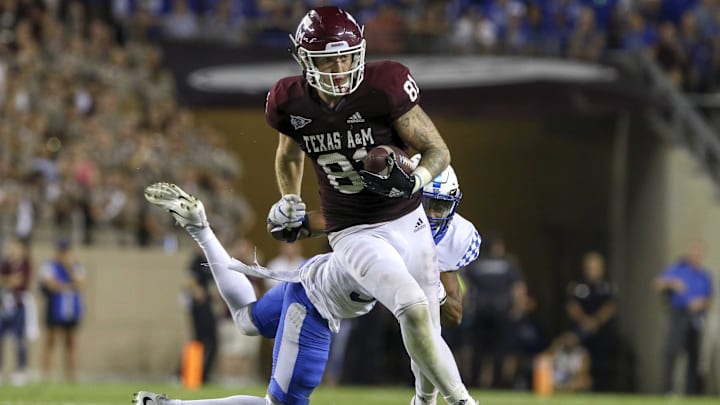 Oct 6, 2018; College Station, TX, USA; Texas A&M Aggies tight end Jace Sternberger (81) runs after a catch for a touchdown during the fourth quarter against the Kentucky Wildcats at Kyle Field. Mandatory Credit: John Glaser-Imagn Images