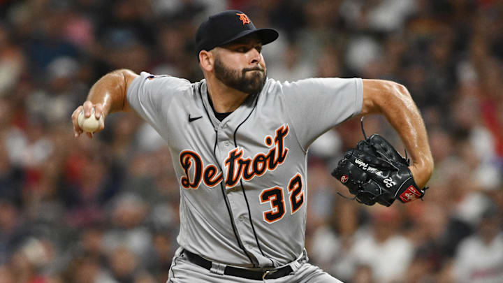 Jul 15, 2022; Cleveland, Ohio, USA; Detroit Tigers relief pitcher Michael Fulmer (32) throws a pitch during the seventh inning against the Cleveland Guardians at Progressive Field.