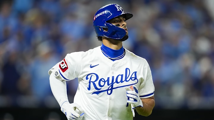 Oct 10, 2024; Kansas City, Missouri, USA; Kansas City Royals outfielder MJ Melendez (1) runs to first base during the fifth inning against the New York Yankees in game four of the ALDS for the 2024 MLB Playoffs at Kauffman Stadium. Mandatory Credit: Jay Biggerstaff-Imagn Images