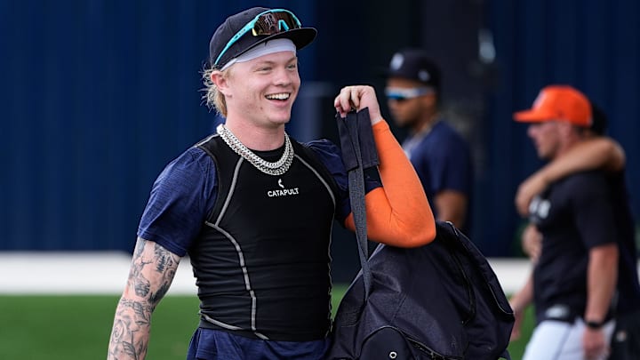 Detroit Tigers prospect Max Clark gets ready for practice during spring training at TigerTown in Lakeland, Fla. on Sunday, Feb. 16, 2025.