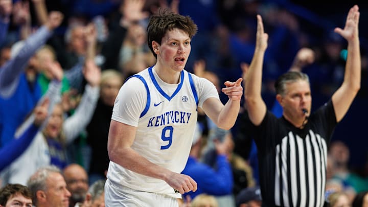 Feb 11, 2025; Lexington, Kentucky, USA; Kentucky Wildcats forward Trent Noah (9) reacts after making a three point basket during the first half against the Tennessee Volunteers at Rupp Arena at Central Bank Center. Mandatory Credit: Jordan Prather-Imagn Images Feb 11, 2025; Lexington, Kentucky, USA; Kentucky Wildcats forward Trent Noah (9) reacts after making a three point basket during the first half against the Tennessee Volunteers at Rupp Arena at Central Bank Center. Mandatory Credit: Jordan Prather-Imagn Images